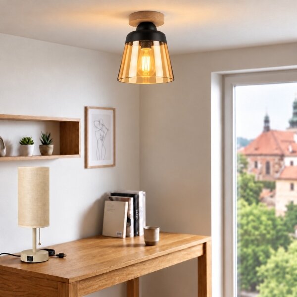 BRILAGI-LED Таванно осветително тяло R GLASS 1xE27/60W/230V Ø 15,5 cm дъб/димно бежово