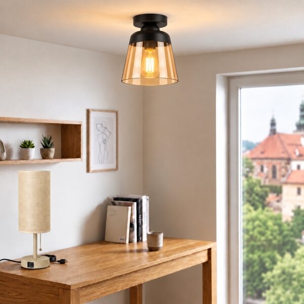 BRILAGI-LED Плафон R GLASS 1xE27/60W/230V диаметър 15,5 см черен/опушен бежов