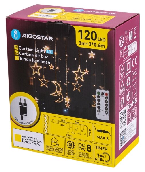 Aigostar - LED външна коледна гирлянда 120xLED/6W/230V/8 функции 3x0,6m IP44 топла бялаDO