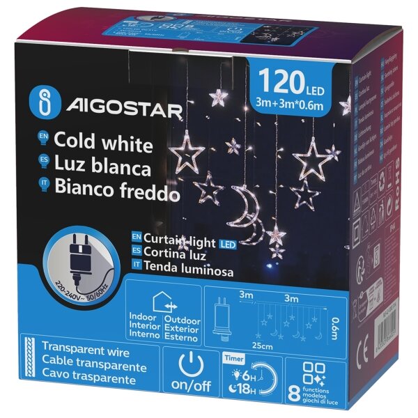 Aigostar - LED външна коледна гирлянда 120xLED/6W/230V/8 функции 3x0,6m IP44 студено бялоDO