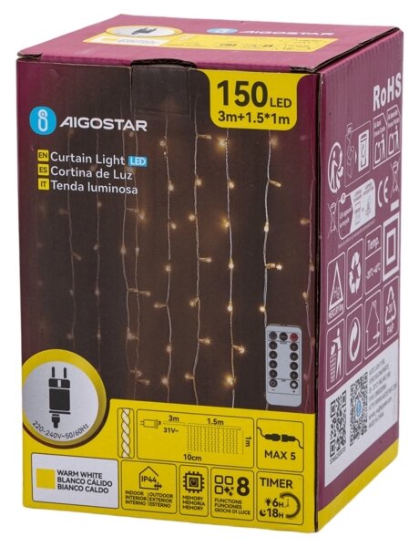 Aigostar - външна LED коледна гирлянда 150xLED/6W/230V/8 функции 1,5x1m IP44 топло бяло+ДУ