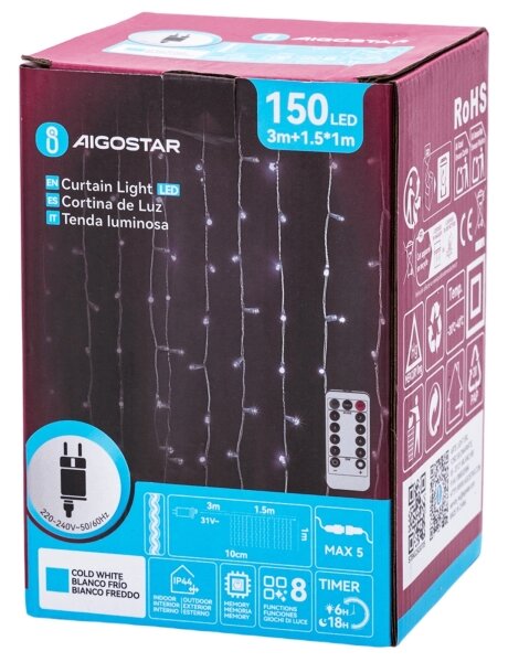 Aigostar - LED външна коледна гирлянда 150xLED/6W/230V/8 режима 1,5x1m IP44 студено бяло + дистанционно управление