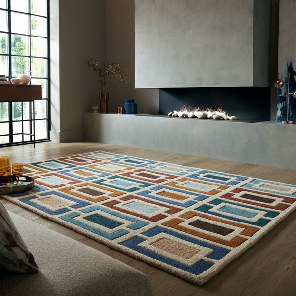 Ръчно изработен вълнен килим в син и оранжев цвят 80x150 cm Retro Blocks – Flair Rugs