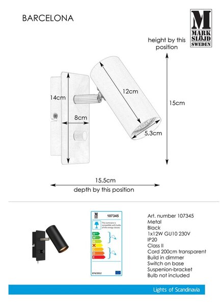 Черна стенна лампа Barcelona - Markslöjd