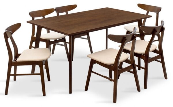 Комплект маса и столове Benson-Orlean 7 части тъмен орех - бежов 150x90x75 см