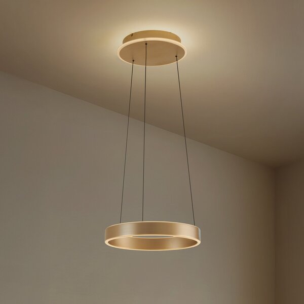 Lucande LED висяща лампа Tindra, Ø 40 cm, златна, с регулируема яркост, Затъмняване, Злато / месинг, Дневна/трапезария, Метал, Модерен