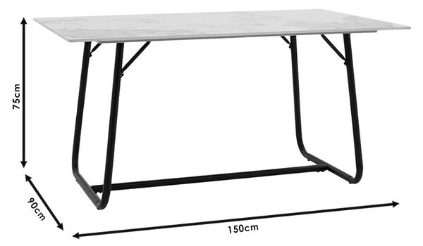 Маса Revello с имитация на камък, бял мрамор - черен метален крак 150x90x75см