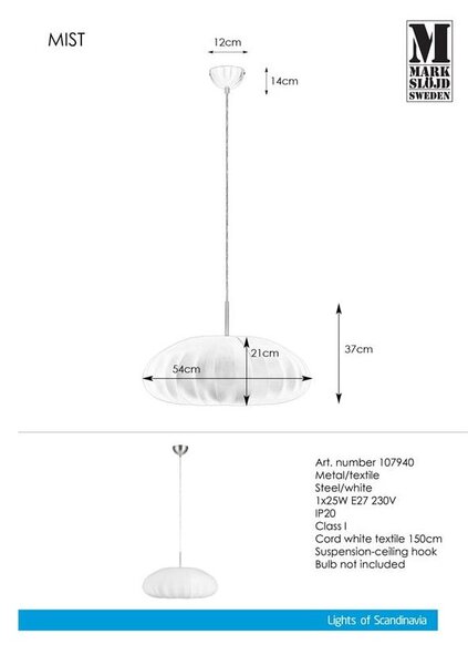 Бяло висящо осветително тяло Pendant Mist - Markslöjd