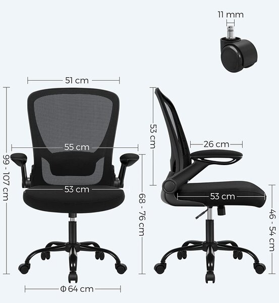 Стол за офис, Songmics, Черен, 66x60x(99-107) см