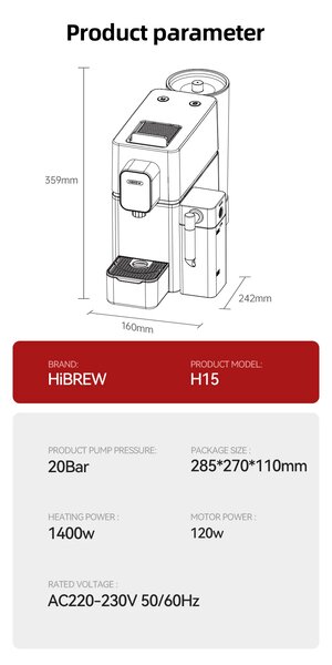 Кафемашина за еспресо HiBrew H15, черна