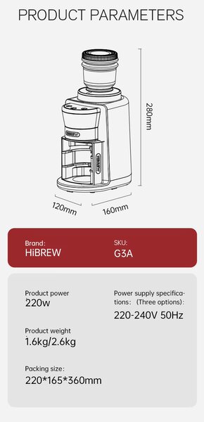 Електрическа кафемелачка с 34 степени на смилане HiBREW Grinder G3A, бяла