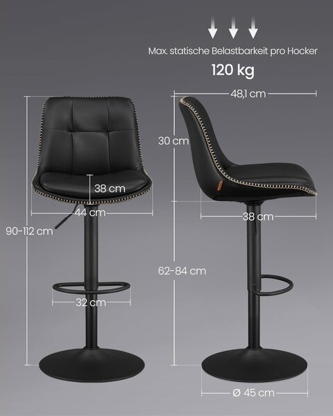 Комплект от 2 бар стола с регулируема височина Songmics Черен 38x44.5x115 см
