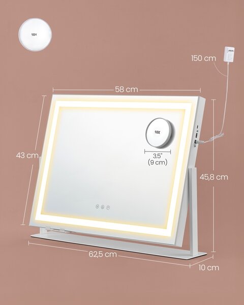 Огледало за тоалетка с LED, Songmics V2, бял, 62.5x10x45.8 см