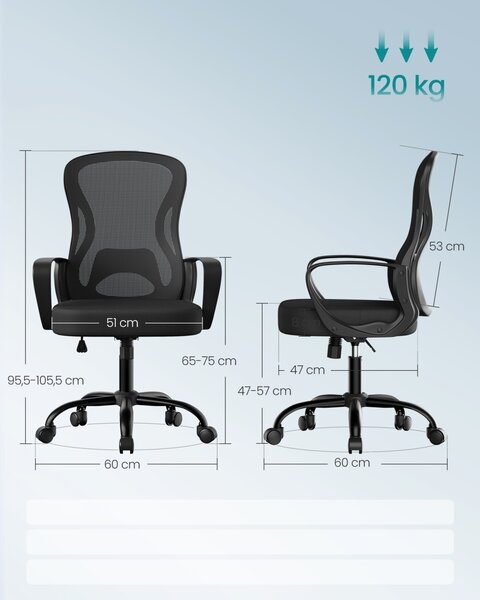 Офис стол, Songmics, черен, 63.5x58.5x104.5 см