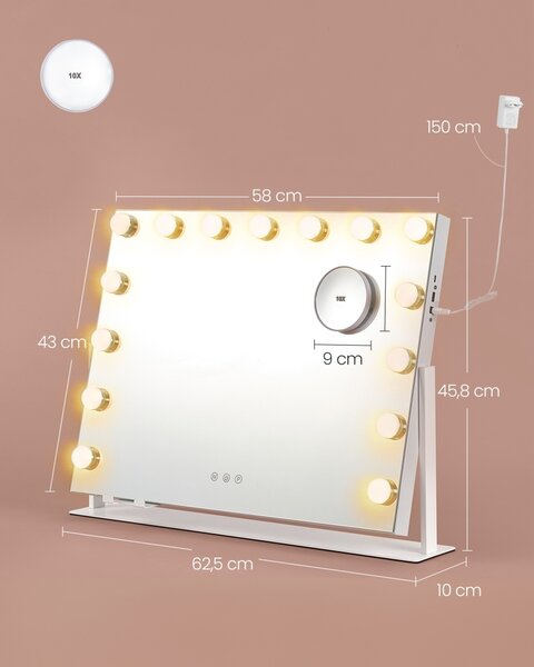 Огледало за тоалетка с LED, Songmics V1, бял, 62.5x10x45.8 см
