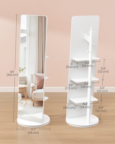 Въртящо се подово огледало Songmics Alb 45x45x163 cm