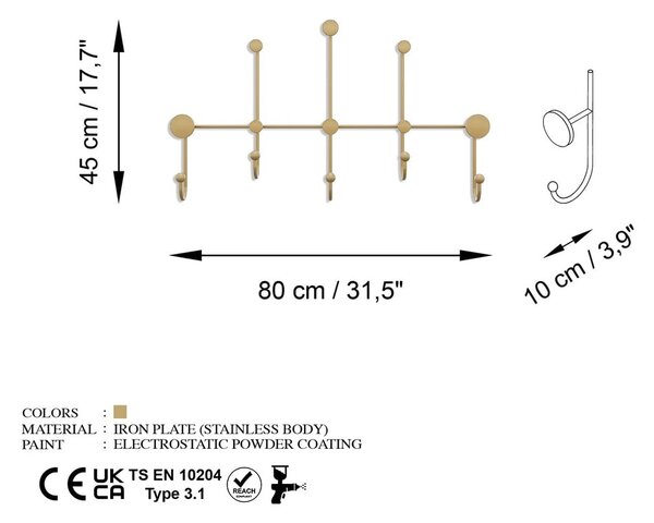 Метална стенна закачалка в златист цвят Dama – Kalune Design