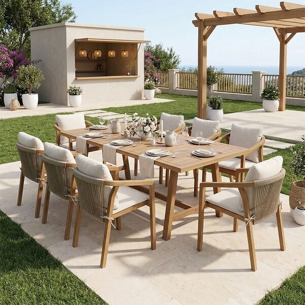 Комплект от 9 градински маси и столове, Malibu, бежов, 90x180x75 см