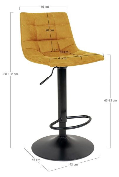 Scaun de bar tapitat Middelfart, Galben mustar, 45x43x88/108 cm