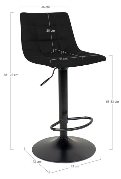 Scaun de bar tapitat Middelfart, Negru, 45x43x88/108 cm