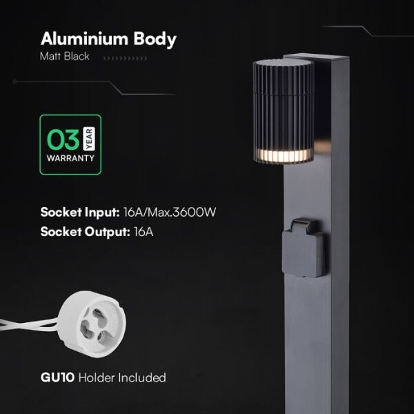 Външна лампа с SCHUKO контакт, 1xGU10/10W/230V, IP44, 80 см, черна