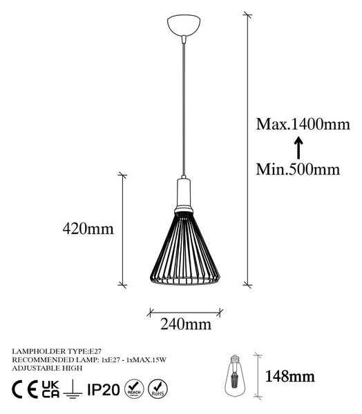 Черно висящо осветително тяло с метален абажур ø 24 cm Dear – Opviq lights