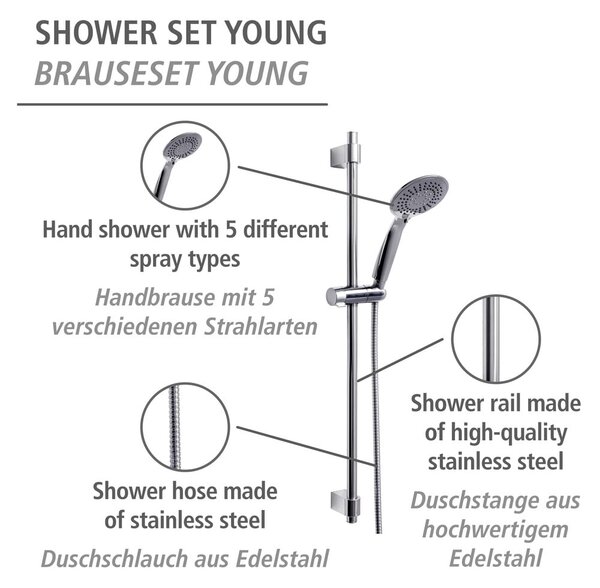 Душ комплект от неръждаема стомана в блестящо сребро 66 cm Young - Wenko