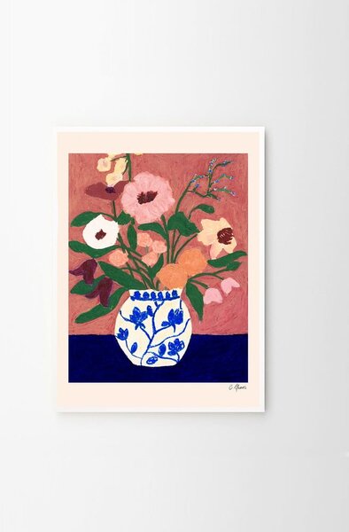 Постер 30x40 cm Flowers on Blue Table – Carla Llanos – The Poster Club
