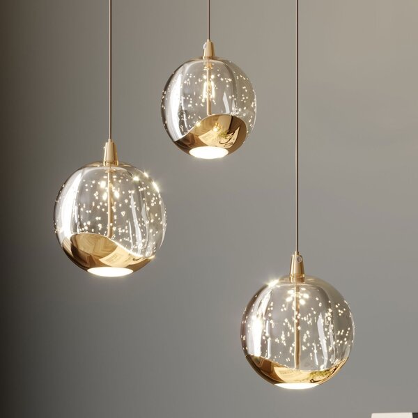 Lucande LED висяща лампа Hayley, Ø 25 cm, 3 светлини, злато, стъкло, Прозрачен, Дневна/трапезария, Стъкло, Модерен