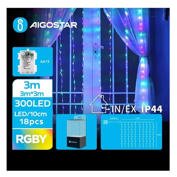 Aigostar - LED Екстериорни Коледни лампички 300xLED/8 функции 3xAA 6x3 м IP44 многоцветен