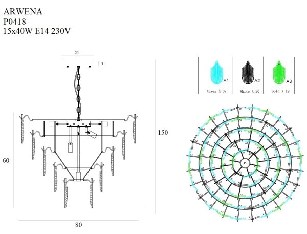 MAXLIGHT P0418 - Пендел ARWENA 15xE14/40W/230V Ø 80 см златист