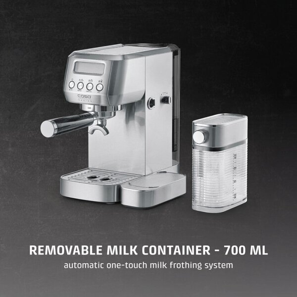 Еспресо машина Caso Gourmet Latte, 1350W, 20 bar, 1.3 л, ULKA, 6 програми, Предварително запарване, Портафилтър, ESE, Инокс