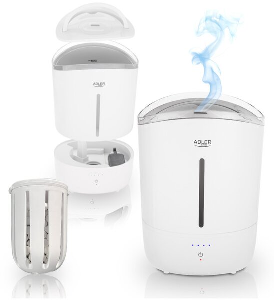 Овлажнител за въздух Adler AD 7971, 30W, До 20м2, 5 литра, 150-300 мл/час, Ултразвук, До 50 часа с едно пълнене, Бял