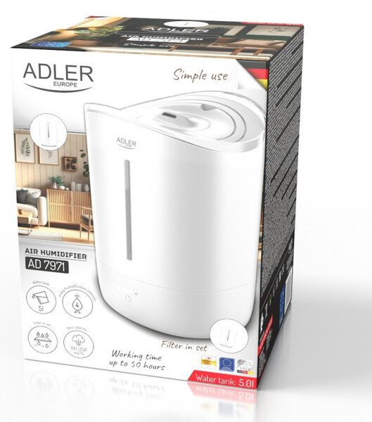 Овлажнител за въздух Adler AD 7971, 30W, До 20м2, 5 литра, 150-300 мл/час, Ултразвук, До 50 часа с едно пълнене, Бял