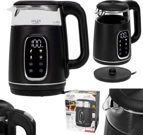Електрическа кана Adler AD 1305 BS, 1850/2200 W, 1.7 л, Сензорен контрол, Цветен LCD дисплей, Пет температурни настройки 40-100°C, Филтър против утаяване, Черен/сив