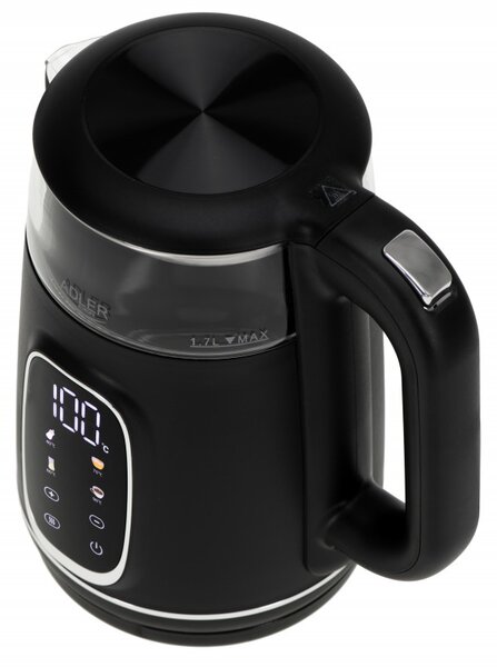 Електрическа кана Adler AD 1305 BS, 1850/2200 W, 1.7 л, Сензорен контрол, Цветен LCD дисплей, Пет температурни настройки 40-100°C, Филтър против утаяване, Черен/сив