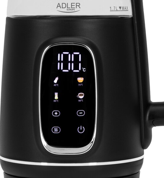 Електрическа кана Adler AD 1305 BS, 1850/2200 W, 1.7 л, Сензорен контрол, Цветен LCD дисплей, Пет температурни настройки 40-100°C, Филтър против утаяване, Черен/сив