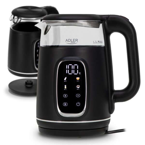 Електрическа кана Adler AD 1305 BS, 1850/2200 W, 1.7 л, Сензорен контрол, Цветен LCD дисплей, Пет температурни настройки 40-100°C, Филтър против утаяване, Черен/сив