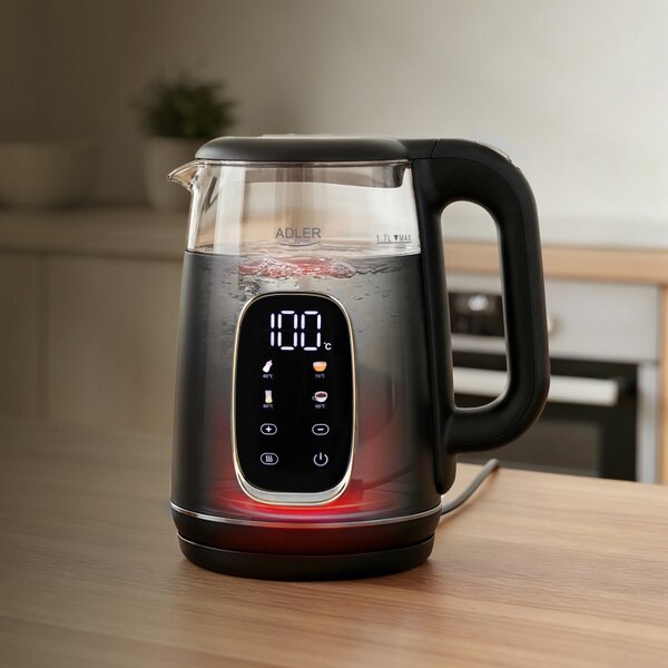 Електрическа кана Adler AD 1305 BS, 1850/2200 W, 1.7 л, Сензорен контрол, Цветен LCD дисплей, Пет температурни настройки 40-100°C, Филтър против утаяване, Черен/сив