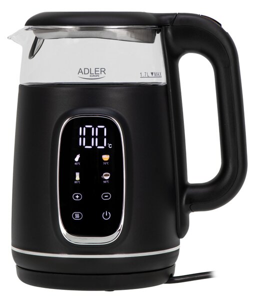 Електрическа кана Adler AD 1305 BS, 1850/2200 W, 1.7 л, Сензорен контрол, Цветен LCD дисплей, Пет температурни настройки 40-100°C, Филтър против утаяване, Черен/сив