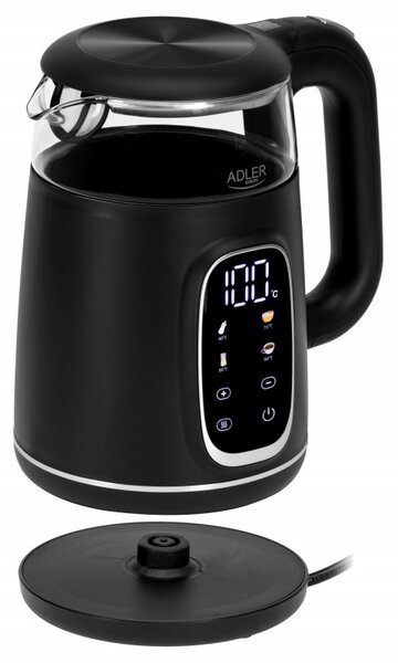 Електрическа кана Adler AD 1305 BS, 1850/2200 W, 1.7 л, Сензорен контрол, Цветен LCD дисплей, Пет температурни настройки 40-100°C, Филтър против утаяване, Черен/сив