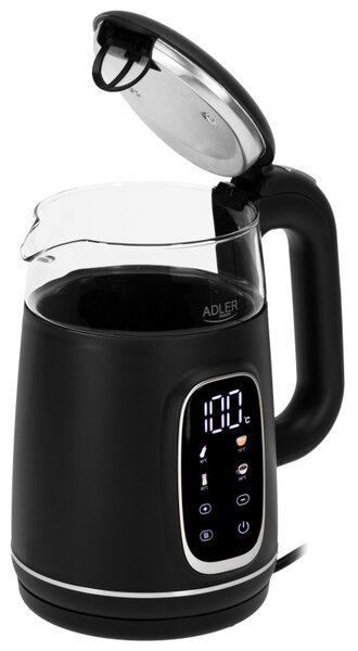 Електрическа кана Adler AD 1305 BS, 1850/2200 W, 1.7 л, Сензорен контрол, Цветен LCD дисплей, Пет температурни настройки 40-100°C, Филтър против утаяване, Черен/сив