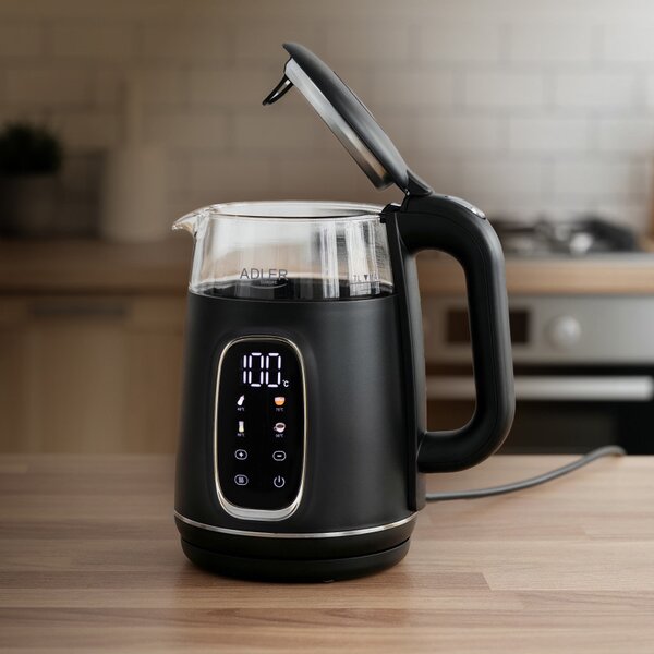 Електрическа кана Adler AD 1305 BS, 1850/2200 W, 1.7 л, Сензорен контрол, Цветен LCD дисплей, Пет температурни настройки 40-100°C, Филтър против утаяване, Черен/сив