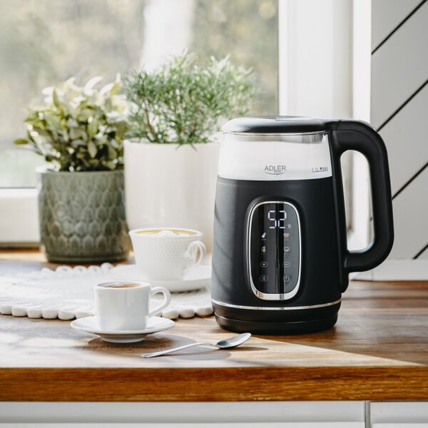 Електрическа кана Adler AD 1305 BS, 1850/2200 W, 1.7 л, Сензорен контрол, Цветен LCD дисплей, Пет температурни настройки 40-100°C, Филтър против утаяване, Черен/сив