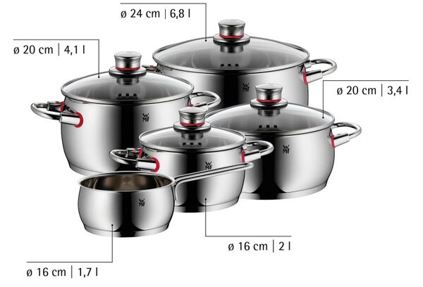 Комплект тенджери WMF Quality One 3201112133, 9 части, Cromargan неръждаема стомана, Фурна до 250°C, TransTherm основа, Индукция, Сребрист