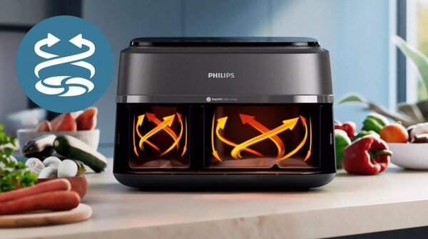 Двоен фритюрник с горещ въздух Philips NA351/00, 2750 W, 6+3 л, 80-200C, 1.5 кг, 8 програми, Сензорен дисплей, Копиране и синхронизиране, Черен/Сребрист