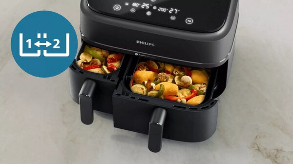 Двоен фритюрник с горещ въздух Philips NA351/00, 2750 W, 6+3 л, 80-200C, 1.5 кг, 8 програми, Сензорен дисплей, Копиране и синхронизиране, Черен/Сребрист