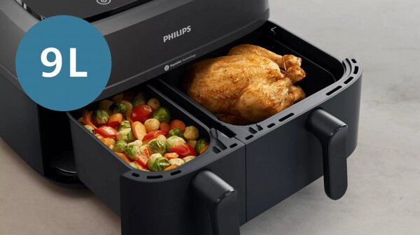 Двоен фритюрник с горещ въздух Philips NA351/00, 2750 W, 6+3 л, 80-200C, 1.5 кг, 8 програми, Сензорен дисплей, Копиране и синхронизиране, Черен/Сребрист