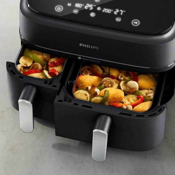 Двоен фритюрник с горещ въздух Philips NA351/00, 2750 W, 6+3 л, 80-200C, 1.5 кг, 8 програми, Сензорен дисплей, Копиране и синхронизиране, Черен/Сребрист