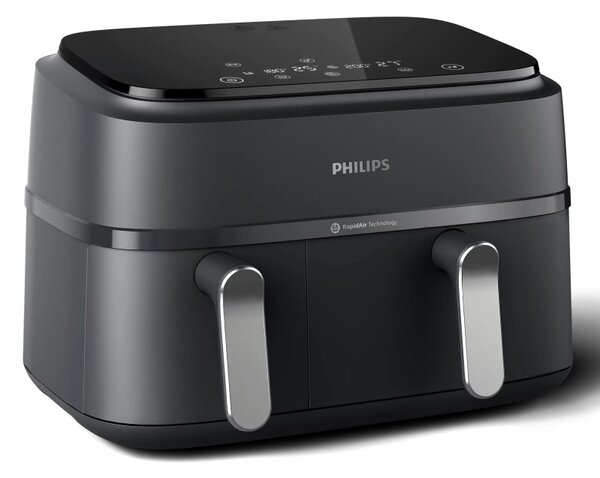 Двоен фритюрник с горещ въздух Philips NA351/00, 2750 W, 6+3 л, 80-200C, 1.5 кг, 8 програми, Сензорен дисплей, Копиране и синхронизиране, Черен/Сребрист